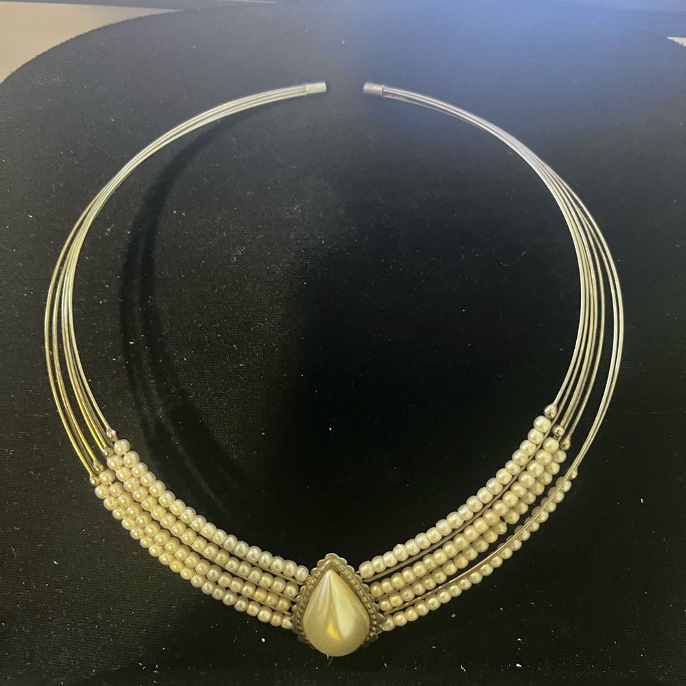 Choker Metallic Strands Faux Pearl Teardrop Necklace Vintage Inspired Wedding